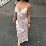 Pbong  Holiday Fashion Floral Printed Lace Patchwork Strap Dress Women's Elegant Slimming A-Line Woven Outfits Summer Long Sundress New