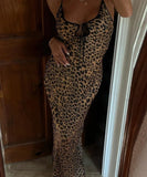 Women New Y2K Elegant Leopard Printed Maxi Dresses Backless Skinny Spaghetti Strap Lace-up Slim Vintage Robe Dress