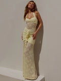 Lace Draped Ruched Sexy Maxi Dress Women Summer Patchwork Halter Sleeveless Backless Bodycon Club Long Dress Elegant