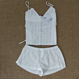Navy Plaid Tank Shorts 2 Piece Sets Woman Lace Trim Buttons Lace-up Camis+Drawstring Sweatshorts Vintage Sweet Home Cotton Set