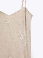 New Ladies Elegant Casual Suspender Embroidered Linen Dress