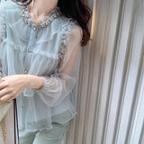 Pbong  Sweet Ruffled Women Shirts Long Sleeve Loose Blouses Vintage Single Breasted Pleated Chic Korean Blouse