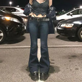 Pbong  Womens Y2K Grunge Casual Denim Flared Long Pants Solid Color Skinny Low Waist Bell Bottom Jeans Trousers with Pockets