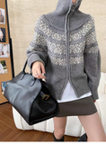 Women Fair Isle Sweater Zipper Front Collared Zip-up Sweater Knit Jacket Cozy Knitwear Teen-girl Fall Winter Vintage Outfit