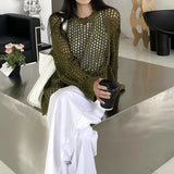 Oversized Crochet Top for Women Long Sleeve Crew Neck Casual Open-knit Sweater Pullovers Top Teen-girl Grunge Y2K Outfit