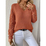 Long Sleeve Pointelle Knit Top Pullovers Women Sweater Openwork Long Sleeve V-neck Jumper Fall Winter Blusas Para Mujer Outfit