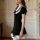 French Elegant Sweet Constrast Color Lace O Neck Short Sleeve Dress Harajuku Y2k Slim Bow Appliques Short Dress Harajuku Clothes