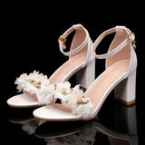 Pbong  Fashion Summer Lace Flowers Pearls Ankle Strap Women Sandals Big Size 35-43 Thick High heels Sweet Girls Party Prom Shoes