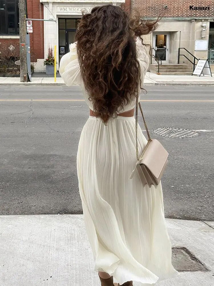 New White Vestidos Loose Dress For Women Elegant Fairycore Maxi Dresses Summer Female Streetwear Folds Long Sleeve Chic Casual