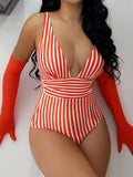 Striped One Piece Swimsuit Sexy Swimwear Women V-neck Bathing Swimming Suit Female Summer Beachwear Bodysuit