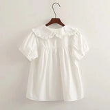 New Autumn Cotton White Shirts Women Student Sweet Tops Girl Peter Pan Collar Plaid Casual Cute Loose Blouses Spring T39132QM