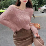 Fuzzy Knit Wrap Front Top Women Long Sleeve Criss-Cross Fluffy Sweater Fitted Crop Top Pullover Ladies Autumn Winter Y2K Outfit