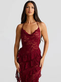 Lace Backless Sexy Maxi Dress Women Gown Halter Lace-up Sleeveless Bodycon Elegant Ruffle Beach Club Long Dress