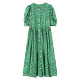 Pbong  Summer New Women's Short Sleeved Retro Printed Long Skirt Women's Casual Floral Skirt Women's Loose Green Dress