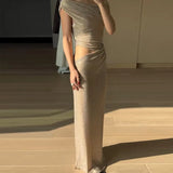 Retro Sequin Single Shoulder Long Dress Women Elegant Glitter Solid Slim Fit Evening Dresses Female Chic Street Party Vestidos