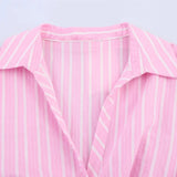 French Fashion Striped V-neck Long Sleeve Short Dress Chic Loose Single Breasted Pleat Summer Dress New Female Clothing