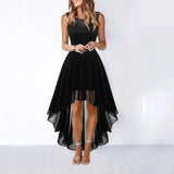 Pbong  Spring Summer Hollow out Waist Cinched Lace Evening Dress Midi Skirt Sleeveless round Neck Polyester Fabric Empire Waist