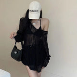 Knitted Hollow Out Shirt Women White Loose Lace Up Long Sleeve T Shirt Korean Fashion Chic Y2K Preppy Style Thin Tops New