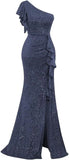 Pbong  Sequin Ruffle Formal Dresses One Shoulder Mermaid Evening Gown Sparkly Long Maxi Dress with Slit