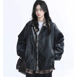 Retro Ladies Fashion Zipper Faux Leather Jacket Spring Autumn Women Long Sleeves Leather Coat 2025 Female PU Leather Outwear