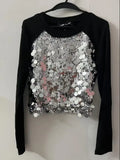 Pbong  O-neck Heavy Sequin Patchwork T-shirt For Women Spring New Black Tops Mujer Y2k Grunge Long Sleeve Slim Fit Tee Shirt