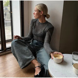 Fashion Solid Round Neck Thin Knitted Sweater Elegant Long Sleeve Bodycon Pullover 2024 New Autumn Lady Commuting Street Outwear