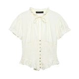 Pbong  Women Ruched Trim Round Collar Tops Fashion Single Breasted Puff Short Sleeve Blouses Female Bow Lace-Up Pleated Elastic Shirts
