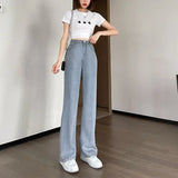 Pbong  Korean Soft Jeans Women Summer Ultra-thin High-waisted Straight Drape Ice Silk Denim Pants Youth Simple Casual Wide-leg Trousers