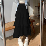 Pbong  Sweet Lace Women Cake Puff Chiffon Skirts Summer Stylish Tierred Pleated Hem Solid Long Skirt Korean A-Line High Waist Skirts