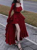 Autumn Red Vintage Elegant Dress Women Flare Sleeve Designer Sweet Long Dress Female Ruffles Retro Princess Irregular Dress