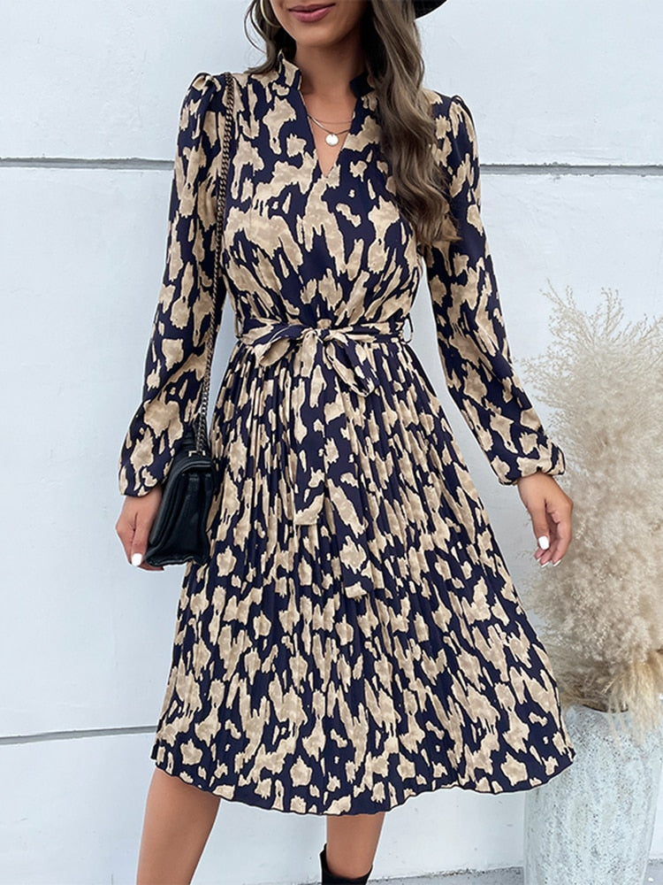 M New Fashion Women's Spring Pleated Print V Neck Long Sleeve Dress For Ladies Lace Up High Waist Dresses