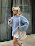 Autumn Blue Solid Mohair Loose Knit Sweater Women Elegant O-neck Long Sleeve Knitting Pullover Lady Casual Street Knitwear