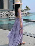 Women Sleeveless Slip Long Dress New Summer Elegant Boho Holiday Beach Dress Solid V-neck Pleated Bandage Dresses Backless