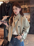 England Stand Collar Jacket Women Loose Long Sleeve Vintage Short Coat Fall Causal Double Breasted Lady Elegant Design Tops
