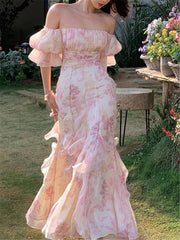 Vintage Floral Maxi Dress Women Elegant Korean Summer New  Fashion Evening Gown Party Lady Vestido Trendy Female Fairycore