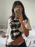 Simple Lip Print t-Shirts Women High Elasticity Wide Collar Leisure Summer Trend Skinny Versatile Classic Comfort Tops