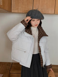 Winter Retro Puffy Parkas Women Warm Thick Plaid Patchwork Cute Coat Casual Preppy Style Korean Long Sleeve Cotton Jackets