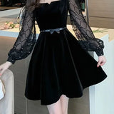 Pbong  French Style Square Collar Velvet Dress Women's Autumn New Waist Cinching Slimming Dress New Long Sleeve Mini Dress