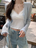 Lace Trim Tie Up Knit Top for Women Sheer Knitted Crop Cardigan Long Sleeve Open Jacket Teen-girl Y2K Sweetgirl Cute Outfit