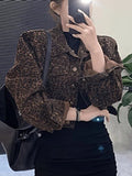 Y2K Cropped Leopard Denim Jacket Women Vintage Streetwear Long Sleeve Slim Short Coat American Harajuku Female Hip Hop Tops