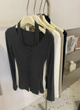 Pbong  Vintage Fake Two-piece Casual Long-sleeved T-shirt Women Spring High Street Sexy Strapless Slim Single-breasted Tops