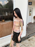 Vintage Tie Dye T Shirt Women Flare Sleeve Mesh Tops Irregual Y2k Retro Crop Tops Streetwear Japanese 2000s Tshirts