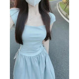 White Vacation Style Dress Women's Gentle Waist Drawstring Splice Fake Two-Piece Small Flying Sleeve Strap Long Dress
