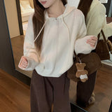 Pointelle Knit Hooded Sweater for Women Long Sleeve Pullover Sweater Hoodie Cosy Knitwear Teen-girl Autumn Winter Casual Outfit