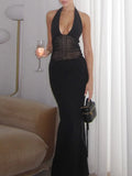 Mesh See Through Halter Sexy Maxi Dress Women Gown Fashion Deep V Neck Sleeveless Backless Bodycon Long Dress Elegant