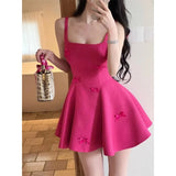 Pbong  Women's Sweet Hot Pink Mini Dress Sleeveless Square Neck A-Line Dress with Bow Decor Party bwear