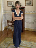 Chic Fashion Lace Polka Dot Long Dress V-neck Sexy Women Dress Navy Blue Vintege Elegant Dresses 2025 New Woman Clothing