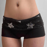 Pbong  Casual Fashion Geometry Sequins Patchwork Micro Shorts Women's Fold Waist Black Straight Leg Knitte Mini Bottoms Summer Homewear
