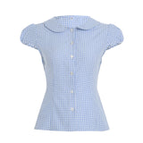 Women Plaid Shirts Short Sleeve Button Closure Summer Tops and Blouses Streetwear for Casual Daily