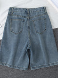 Summer Women High Waist Blue Wide Leg Denim Shorts Casual Female Solid Streetwear Stright Jeans Bermuda Shorts
